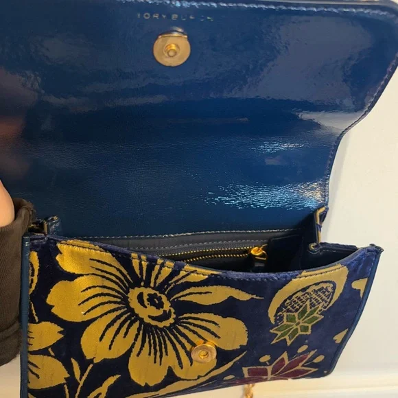 Tory Burch Blue Fleming Velvet Cosmic Floral Small Convertible Shoulder Bag